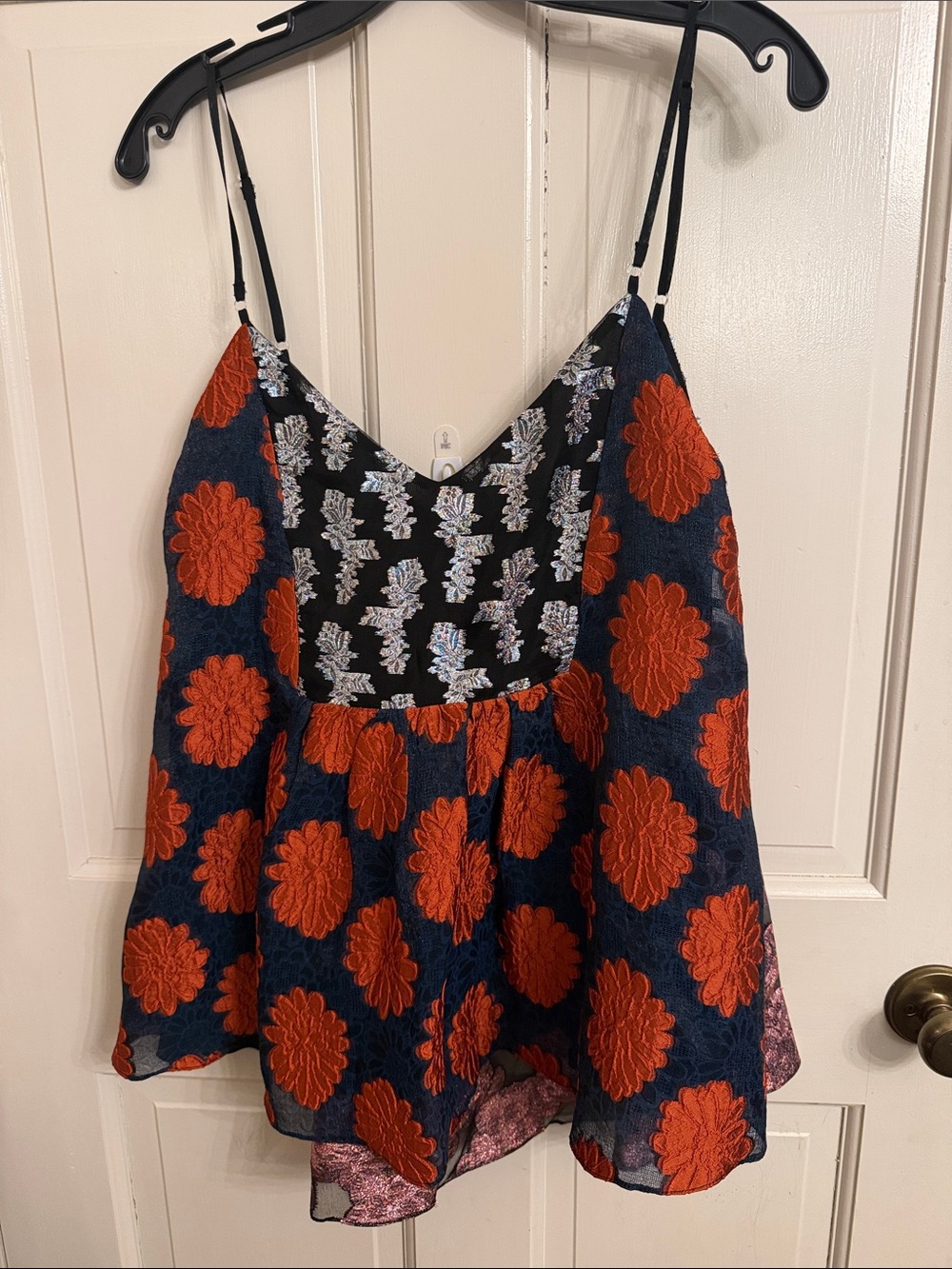 Biyan Floral Embroidered Navy & Orange Spaghetti Strap Top size Medium